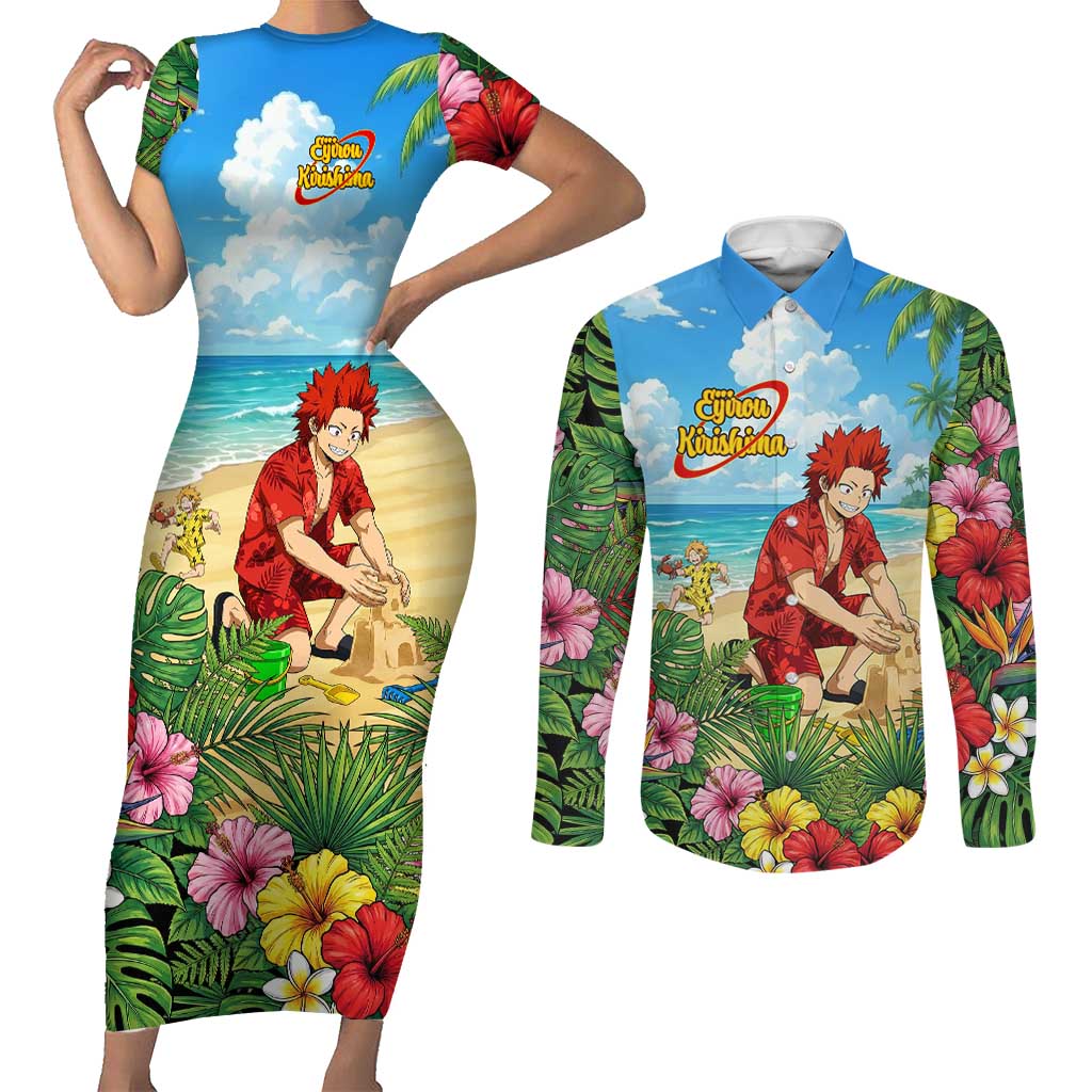 Eijirou Kirishima Summer Chill Couples Matching Short Sleeve Bodycon Dress and Long Sleeve Button Shirt Tropical Anime Beach Fun