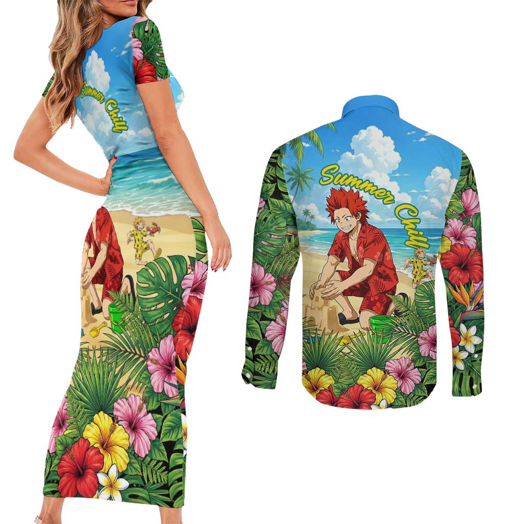 Eijirou Kirishima Summer Chill Couples Matching Short Sleeve Bodycon Dress and Long Sleeve Button Shirt Tropical Anime Beach Fun