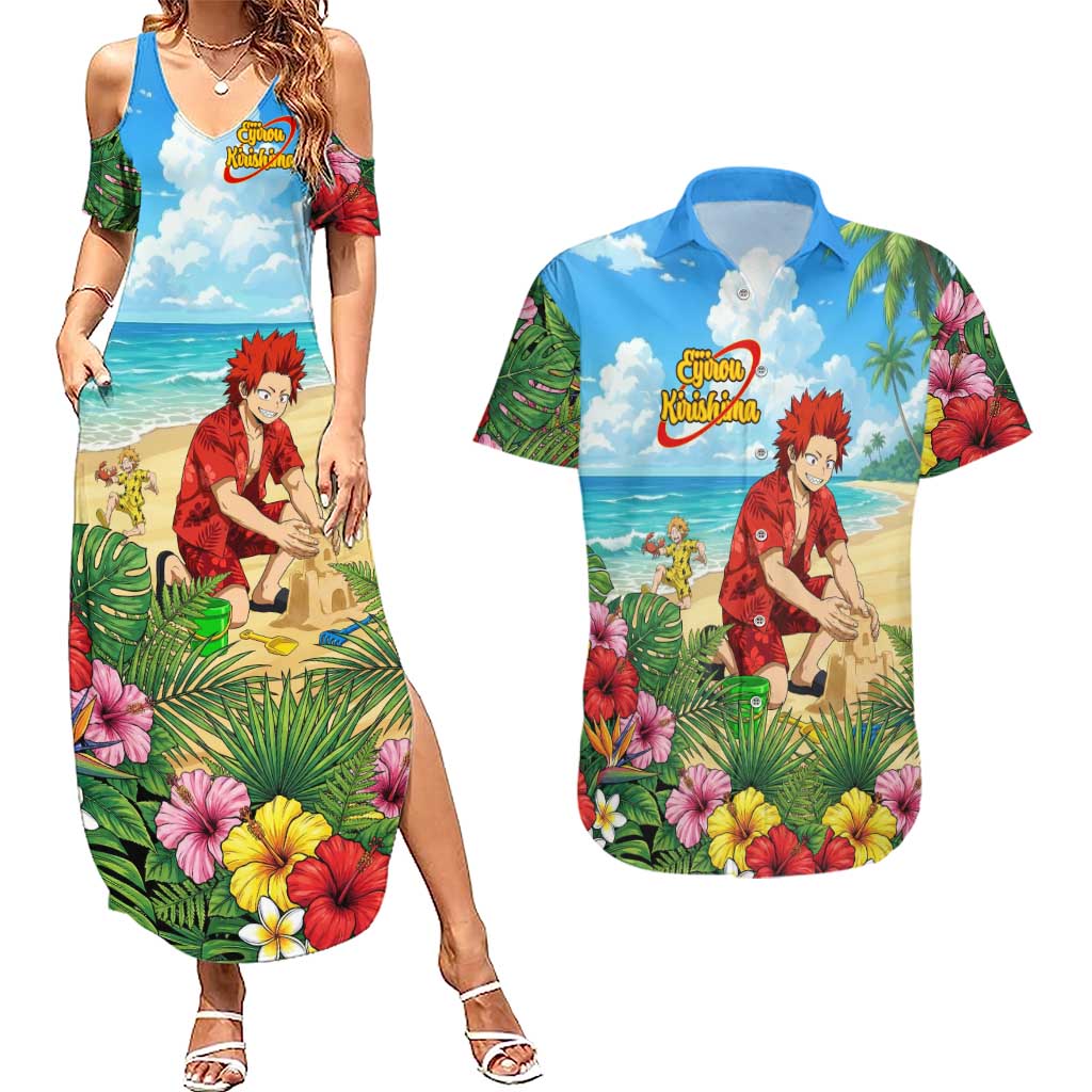 Eijirou Kirishima Summer Chill Couples Matching Summer Maxi Dress and Hawaiian Shirt Tropical Anime Beach Fun