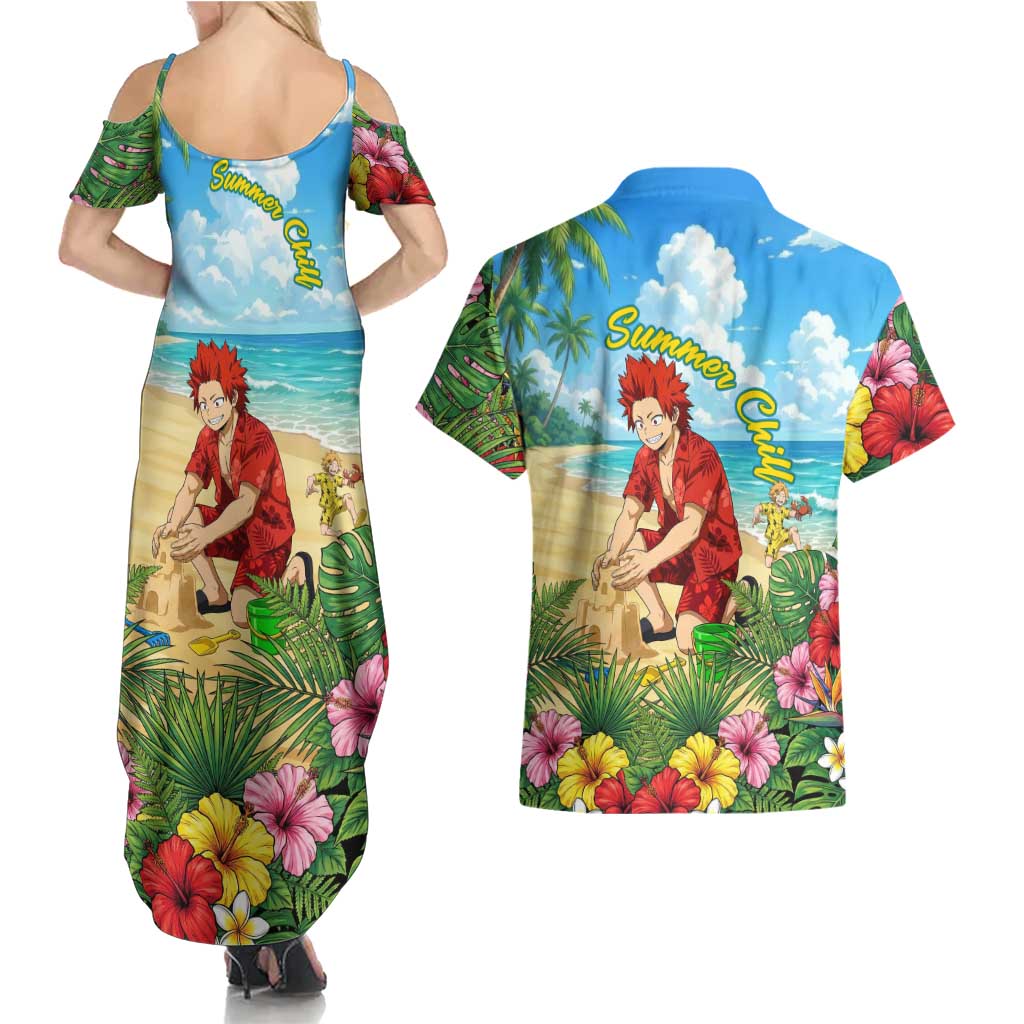 Eijirou Kirishima Summer Chill Couples Matching Summer Maxi Dress and Hawaiian Shirt Tropical Anime Beach Fun
