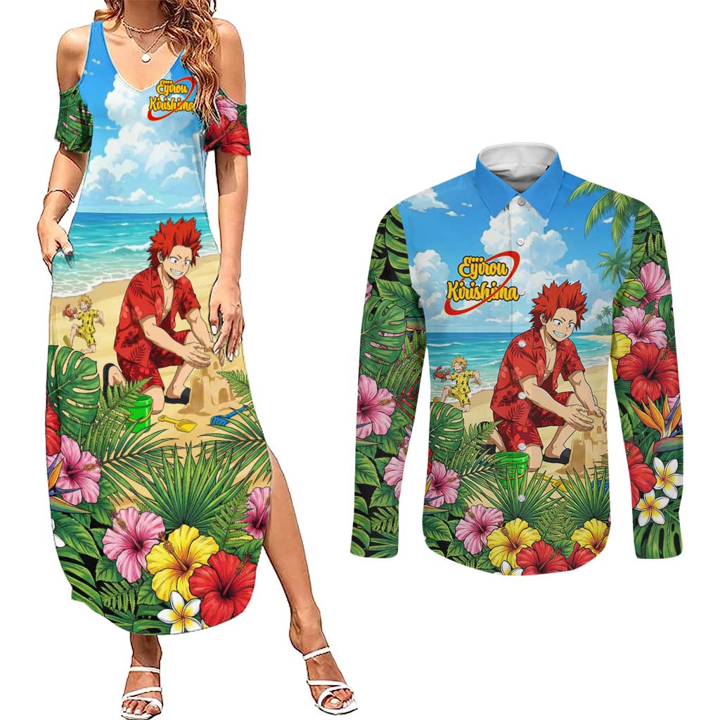 Eijirou Kirishima Summer Chill Couples Matching Summer Maxi Dress and Long Sleeve Button Shirt Tropical Anime Beach Fun