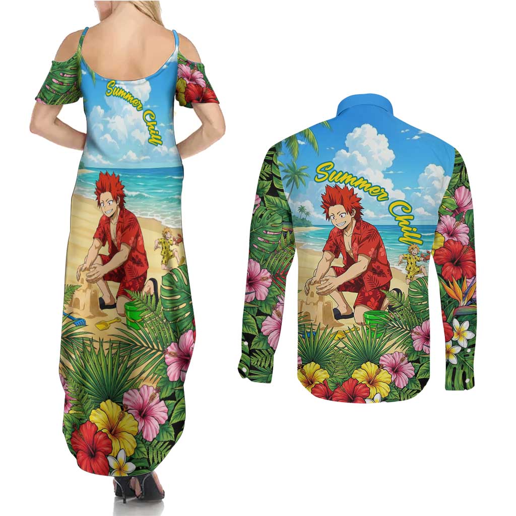 Eijirou Kirishima Summer Chill Couples Matching Summer Maxi Dress and Long Sleeve Button Shirt Tropical Anime Beach Fun