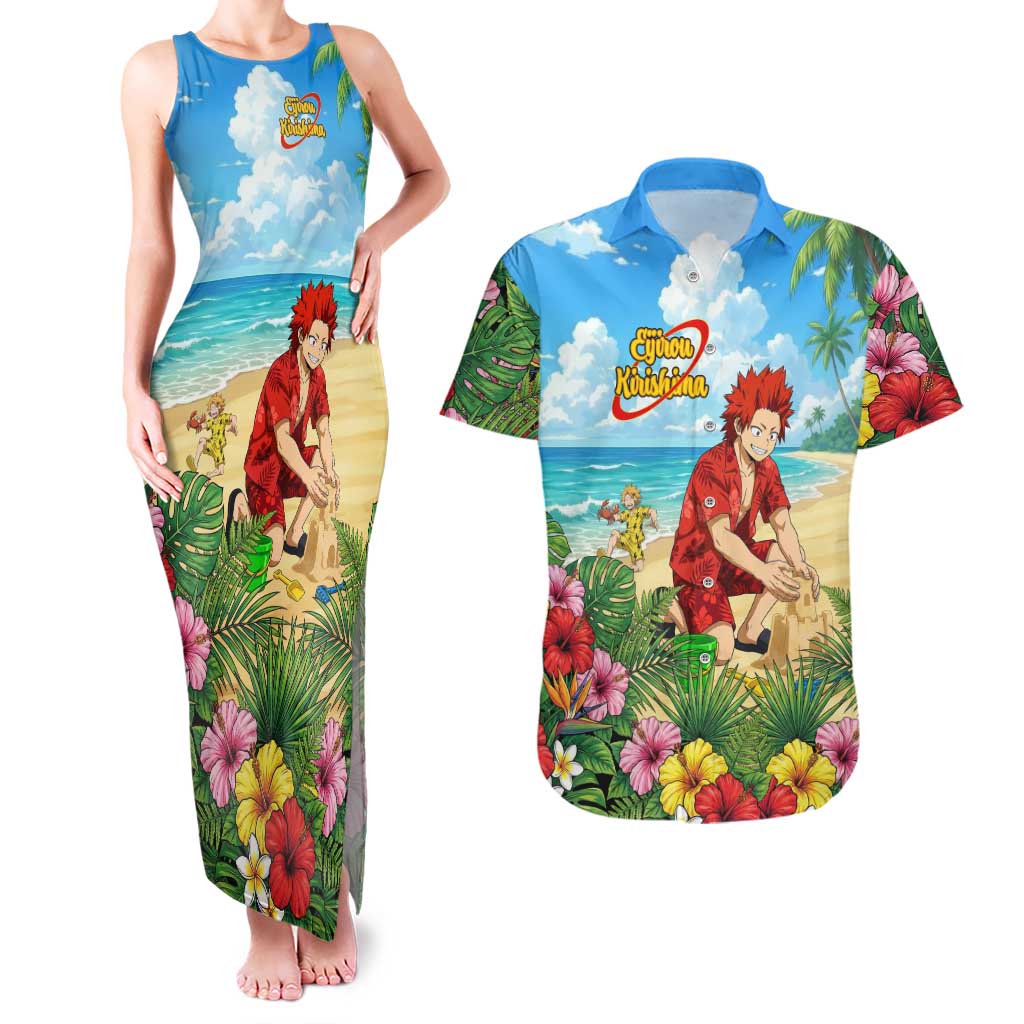 Eijirou Kirishima Summer Chill Couples Matching Tank Maxi Dress and Hawaiian Shirt Tropical Anime Beach Fun