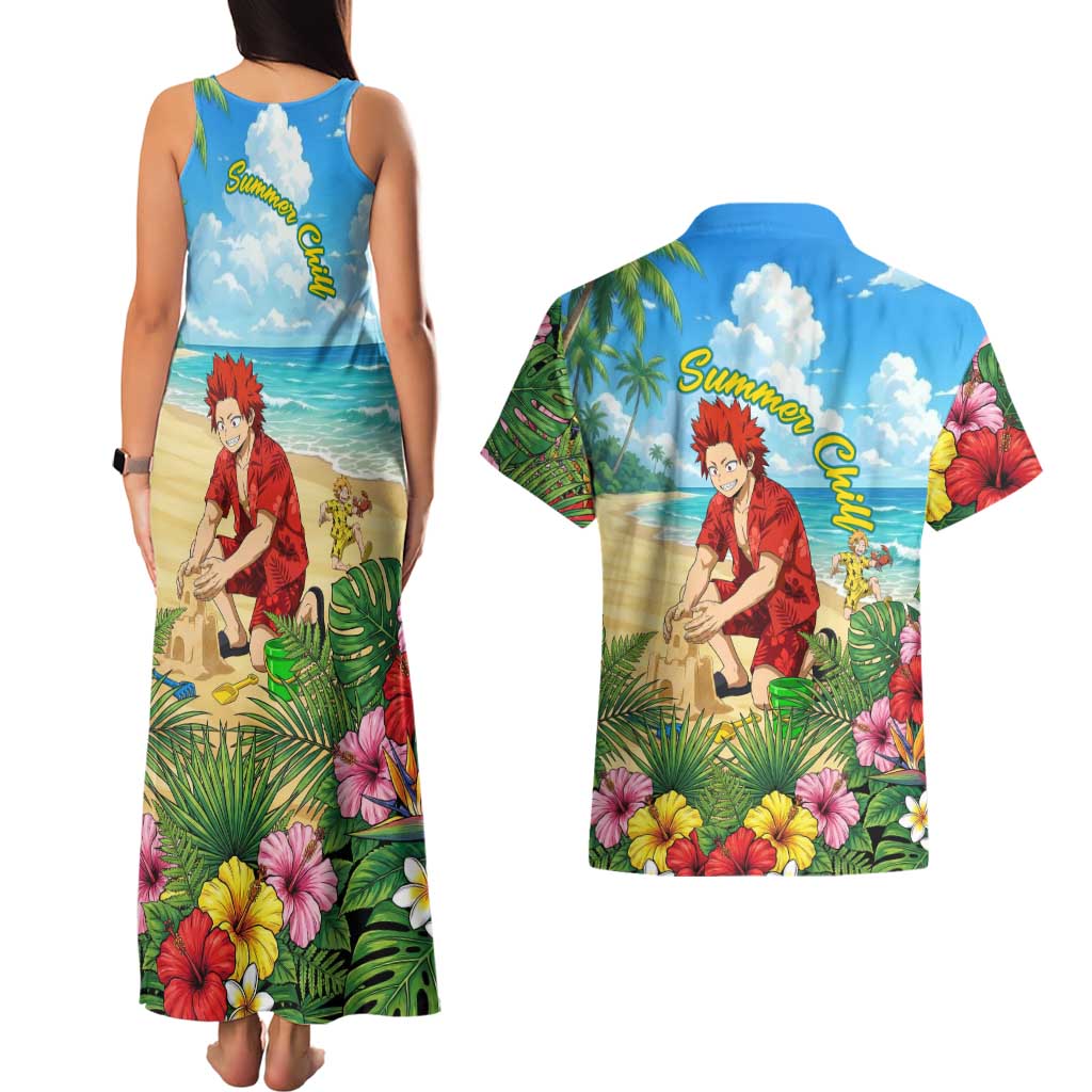 Eijirou Kirishima Summer Chill Couples Matching Tank Maxi Dress and Hawaiian Shirt Tropical Anime Beach Fun