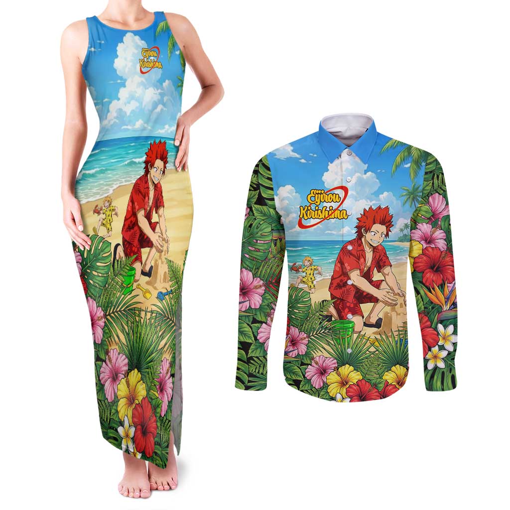Eijirou Kirishima Summer Chill Couples Matching Tank Maxi Dress and Long Sleeve Button Shirt Tropical Anime Beach Fun