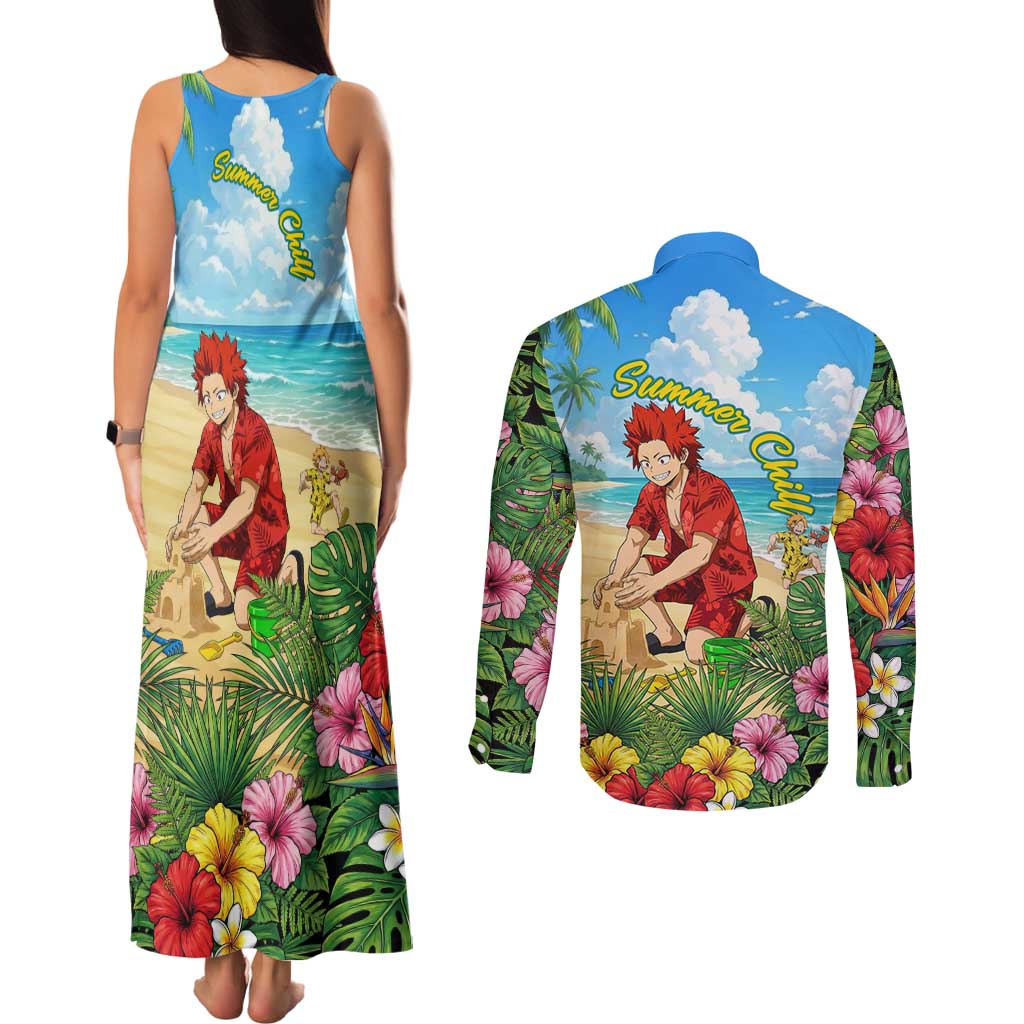 Eijirou Kirishima Summer Chill Couples Matching Tank Maxi Dress and Long Sleeve Button Shirt Tropical Anime Beach Fun