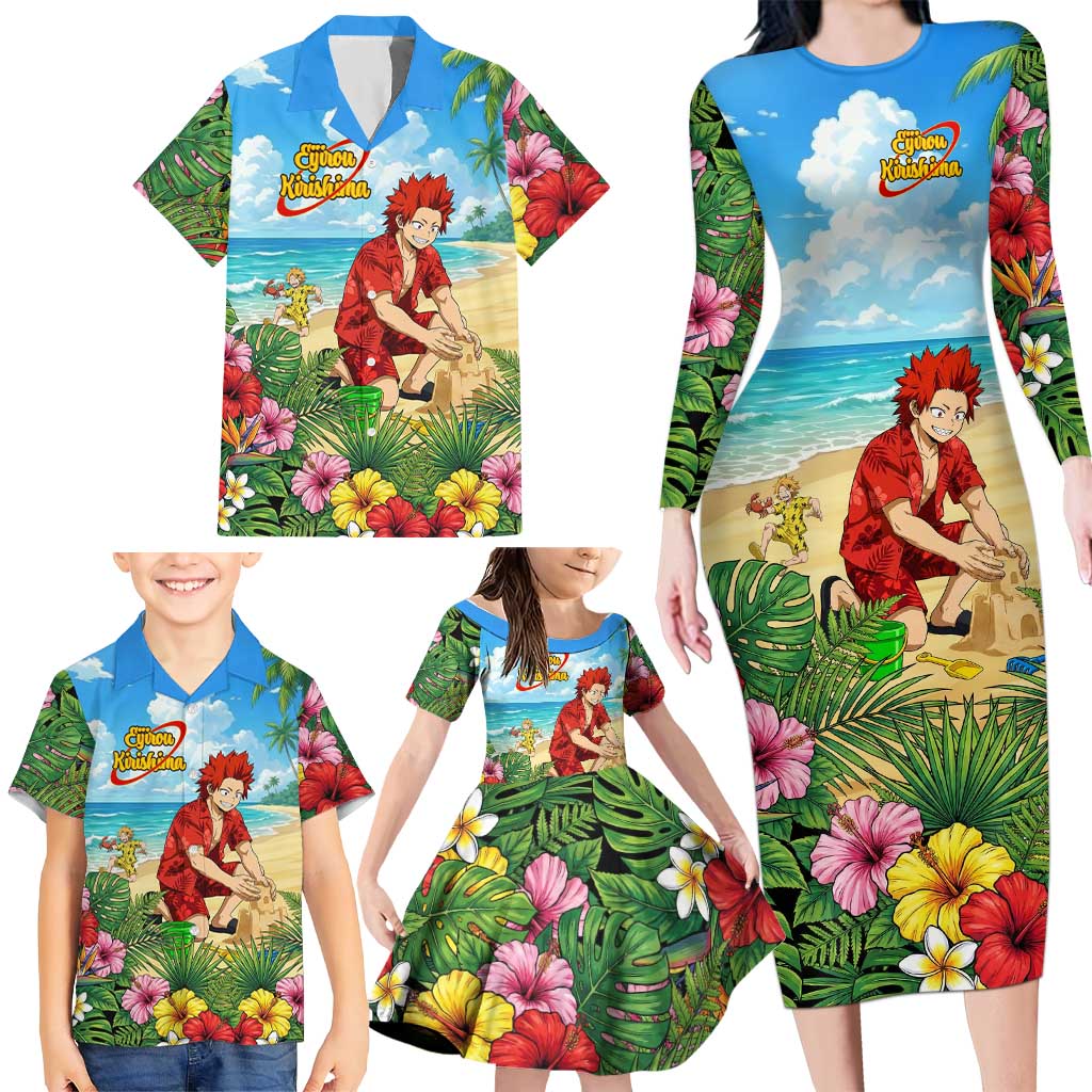 Eijirou Kirishima Summer Chill Family Matching Long Sleeve Bodycon Dress and Hawaiian Shirt Tropical Anime Beach Fun