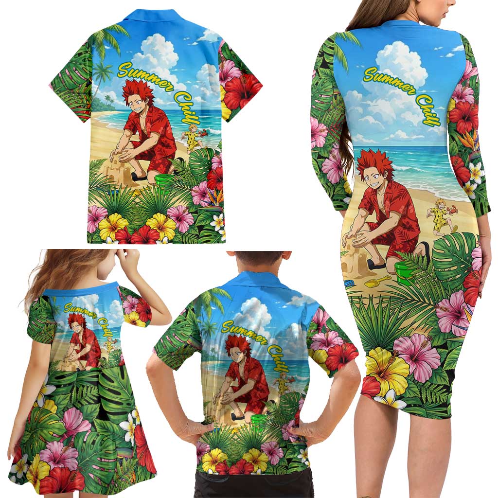Eijirou Kirishima Summer Chill Family Matching Long Sleeve Bodycon Dress and Hawaiian Shirt Tropical Anime Beach Fun