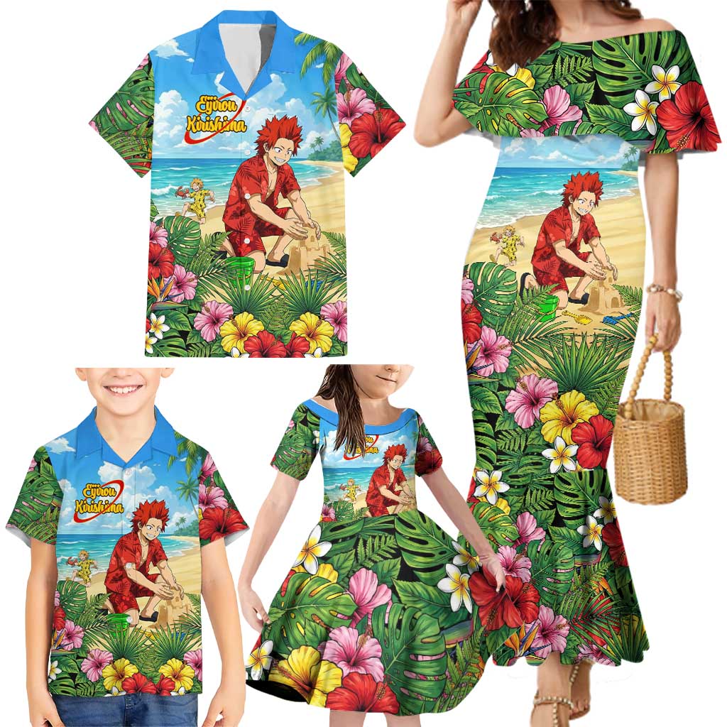 Eijirou Kirishima Summer Chill Family Matching Mermaid Dress and Hawaiian Shirt Tropical Anime Beach Fun