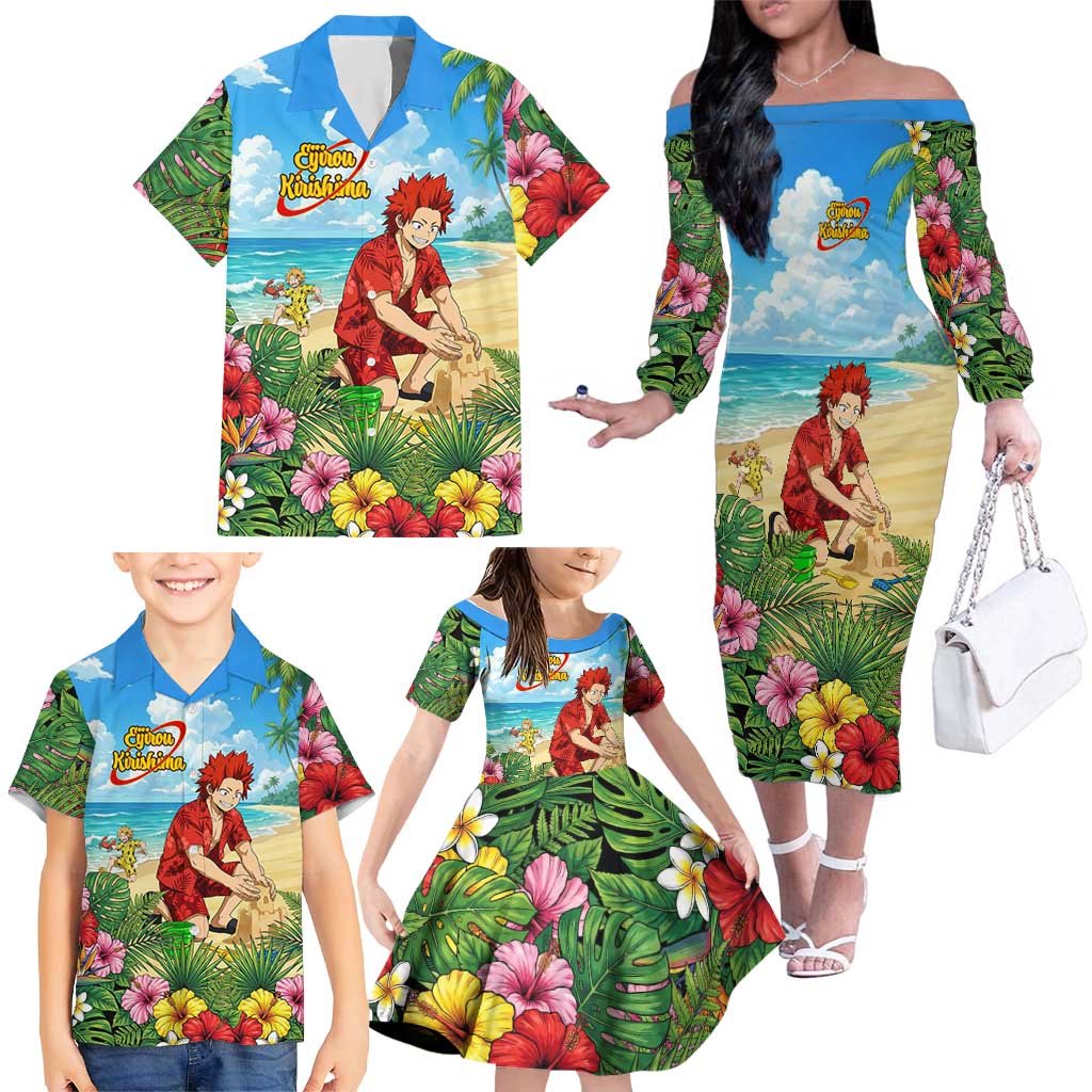 Eijirou Kirishima Summer Chill Family Matching Off The Shoulder Long Sleeve Dress and Hawaiian Shirt Tropical Anime Beach Fun