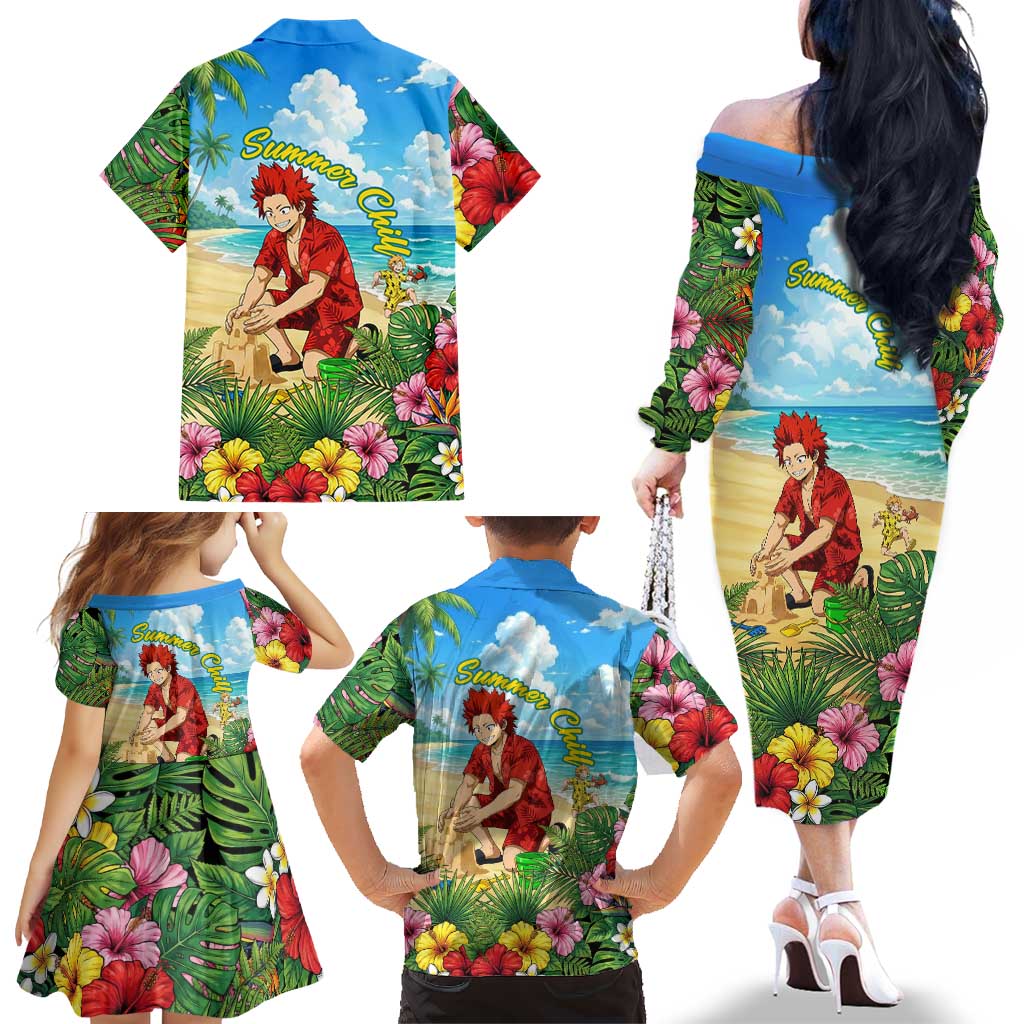 Eijirou Kirishima Summer Chill Family Matching Off The Shoulder Long Sleeve Dress and Hawaiian Shirt Tropical Anime Beach Fun