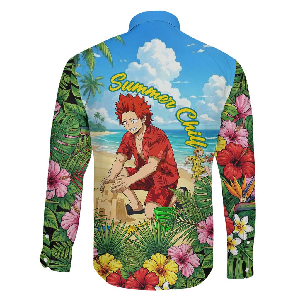 Eijirou Kirishima Summer Chill Family Matching Off The Shoulder Long Sleeve Dress and Hawaiian Shirt Tropical Anime Beach Fun