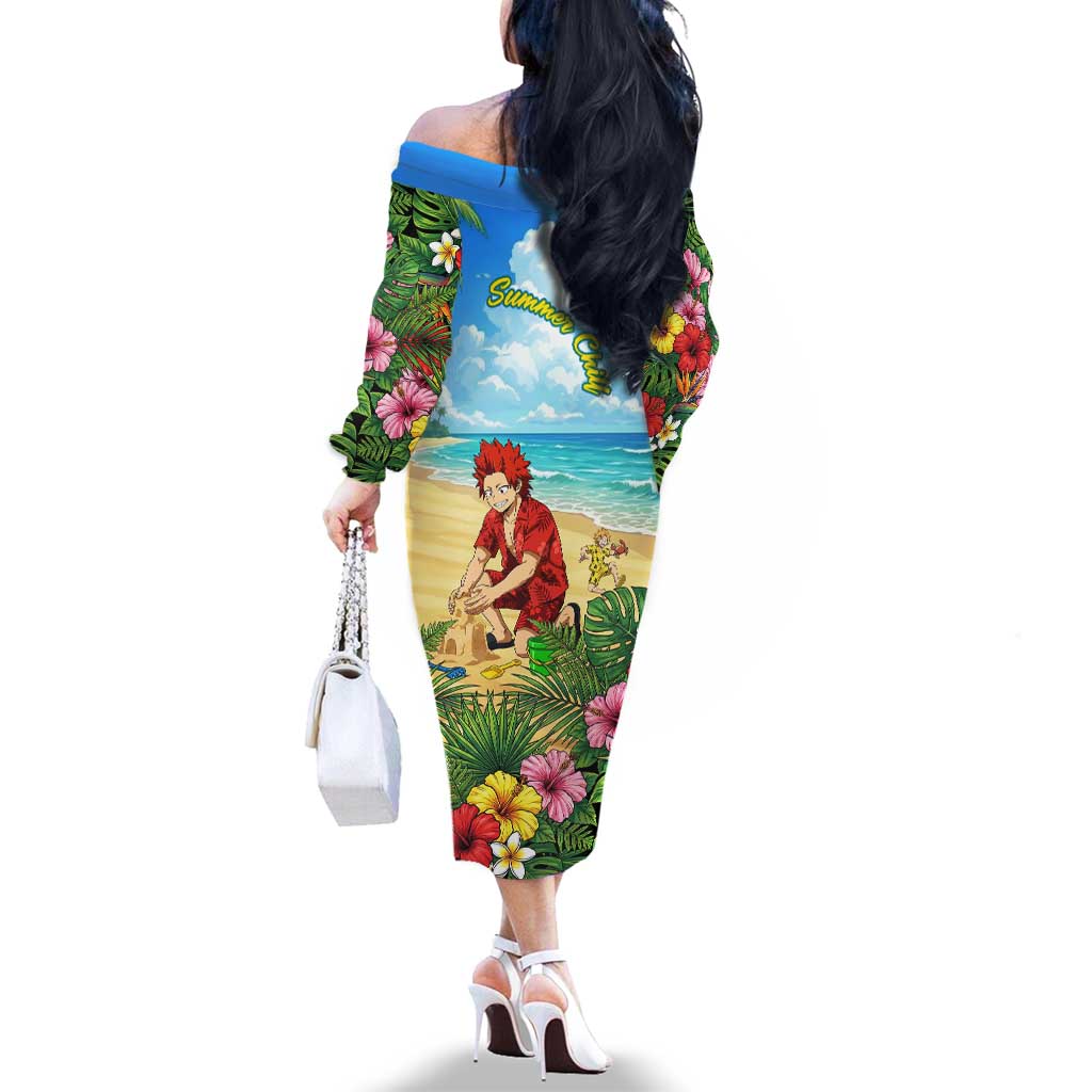 Eijirou Kirishima Summer Chill Family Matching Off The Shoulder Long Sleeve Dress and Hawaiian Shirt Tropical Anime Beach Fun