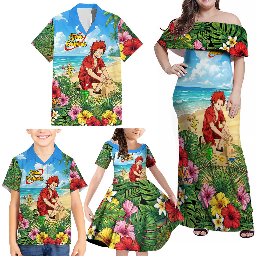Eijirou Kirishima Summer Chill Family Matching Off Shoulder Maxi Dress and Hawaiian Shirt Tropical Anime Beach Fun