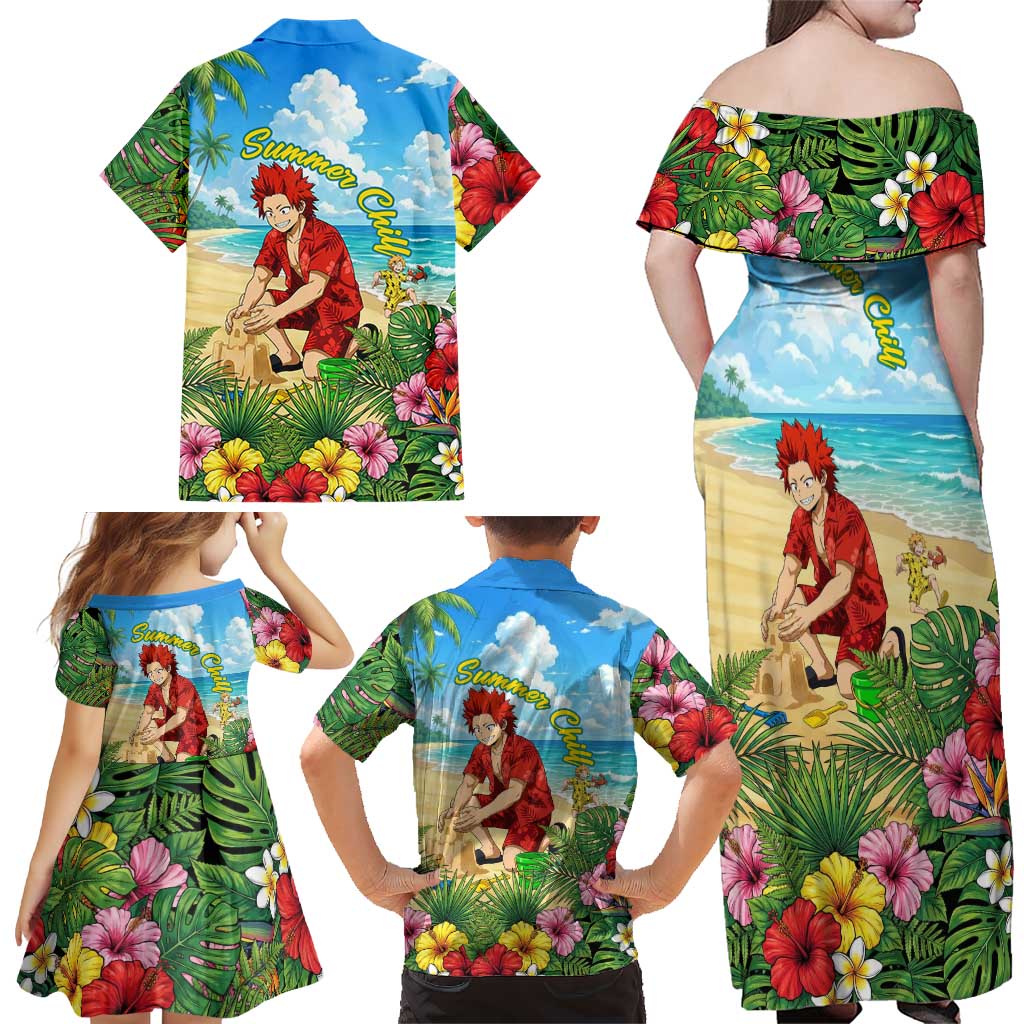 Eijirou Kirishima Summer Chill Family Matching Off Shoulder Maxi Dress and Hawaiian Shirt Tropical Anime Beach Fun