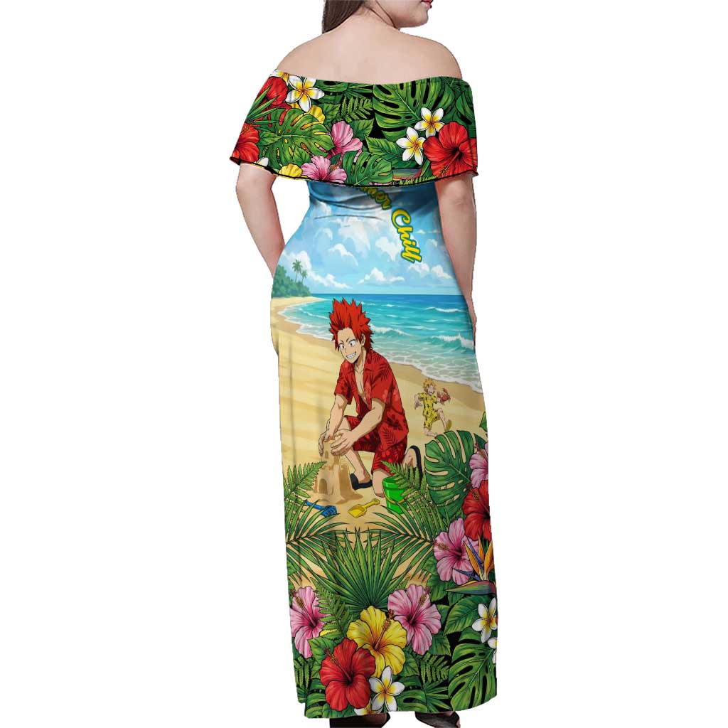 Eijirou Kirishima Summer Chill Family Matching Off Shoulder Maxi Dress and Hawaiian Shirt Tropical Anime Beach Fun