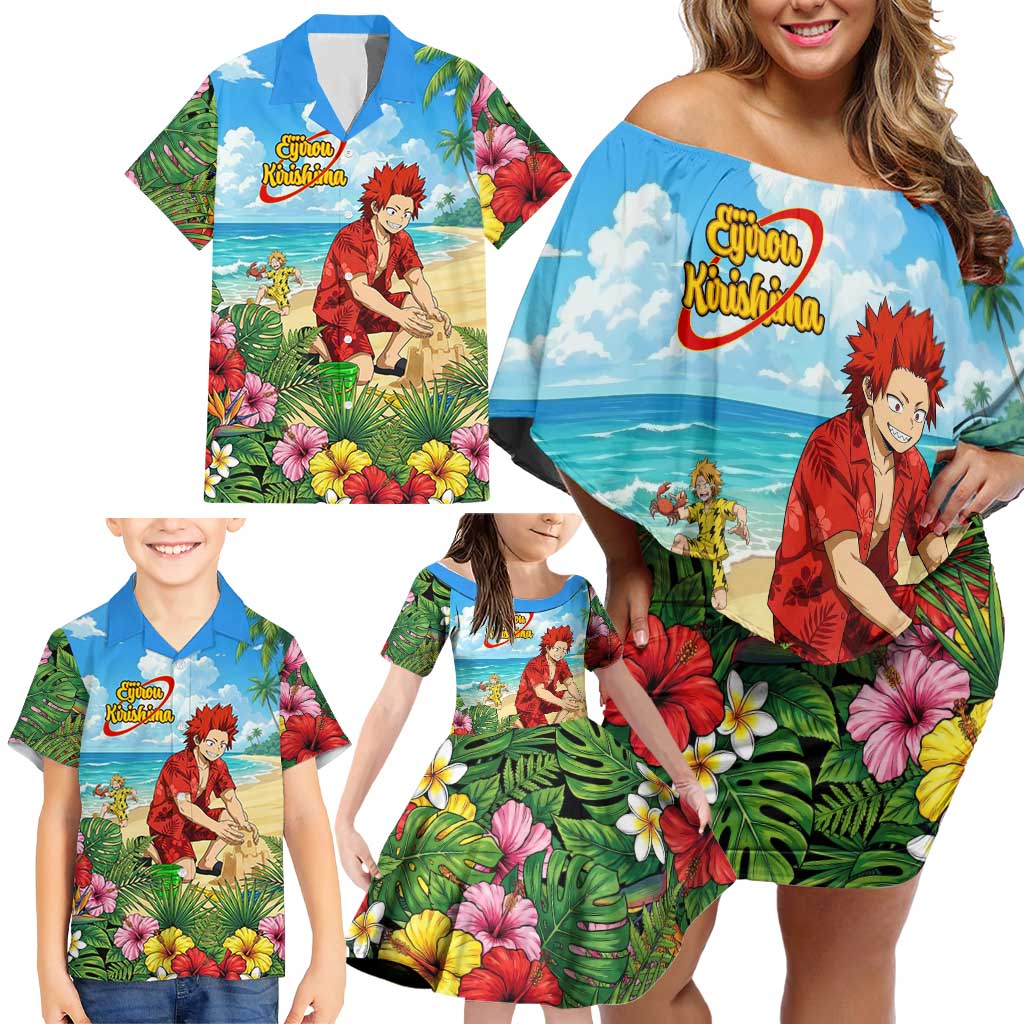 Eijirou Kirishima Summer Chill Family Matching Off Shoulder Short Dress and Hawaiian Shirt Tropical Anime Beach Fun