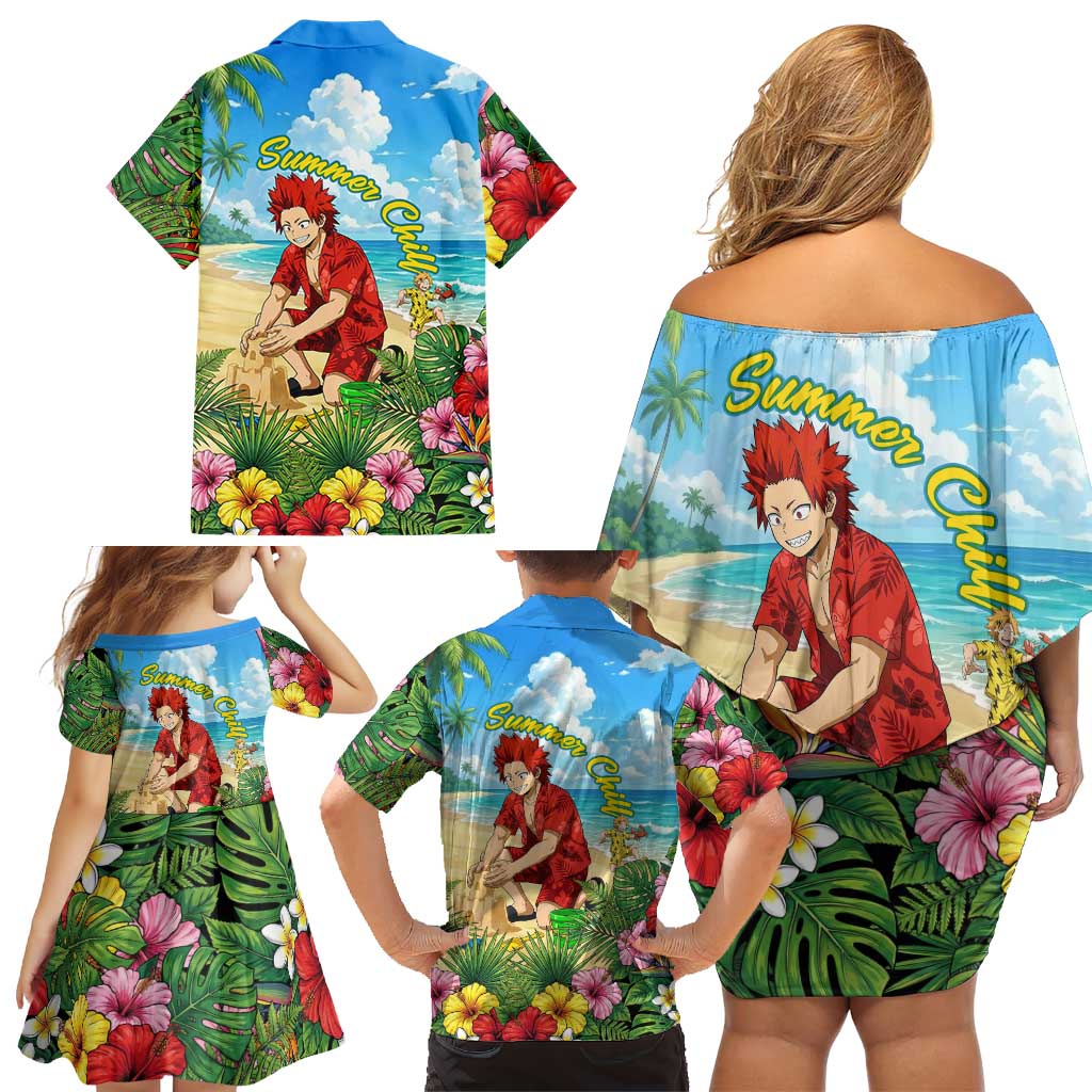 Eijirou Kirishima Summer Chill Family Matching Off Shoulder Short Dress and Hawaiian Shirt Tropical Anime Beach Fun