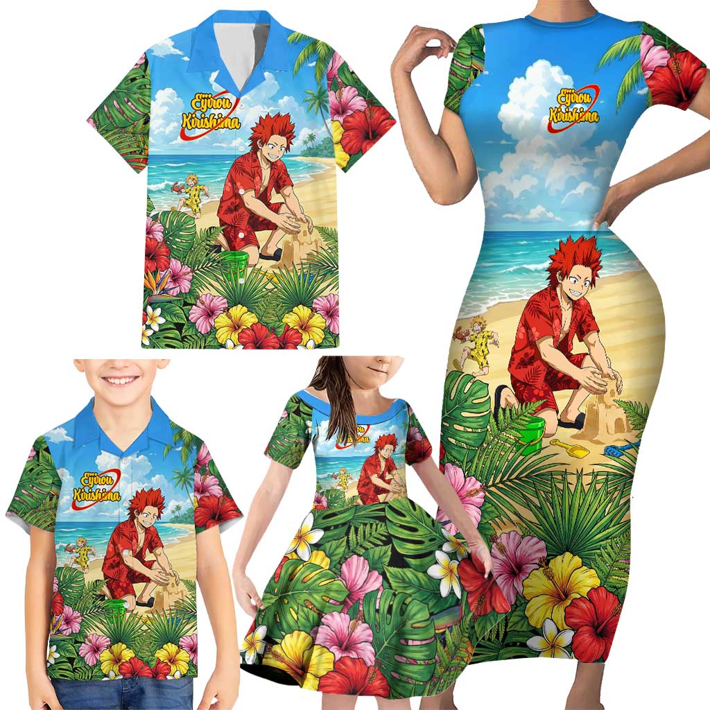 Eijirou Kirishima Summer Chill Family Matching Short Sleeve Bodycon Dress and Hawaiian Shirt Tropical Anime Beach Fun