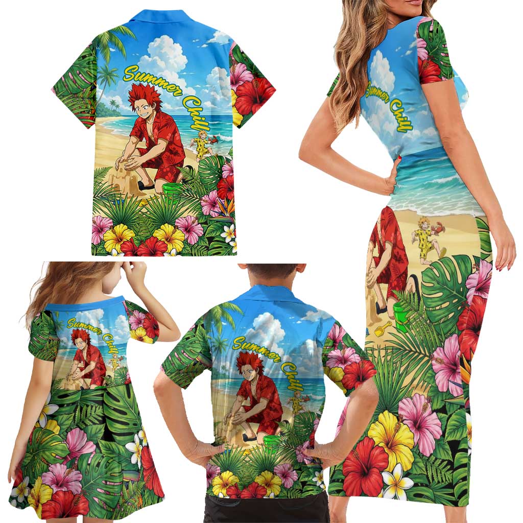 Eijirou Kirishima Summer Chill Family Matching Short Sleeve Bodycon Dress and Hawaiian Shirt Tropical Anime Beach Fun