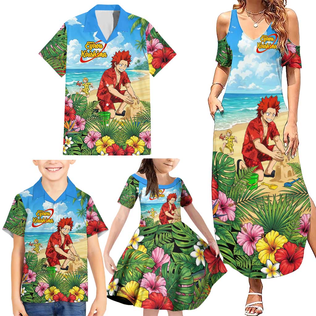 Eijirou Kirishima Summer Chill Family Matching Summer Maxi Dress and Hawaiian Shirt Tropical Anime Beach Fun