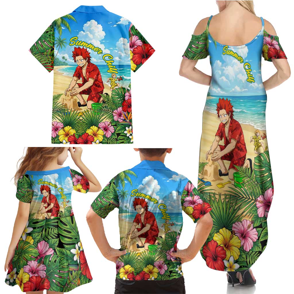 Eijirou Kirishima Summer Chill Family Matching Summer Maxi Dress and Hawaiian Shirt Tropical Anime Beach Fun
