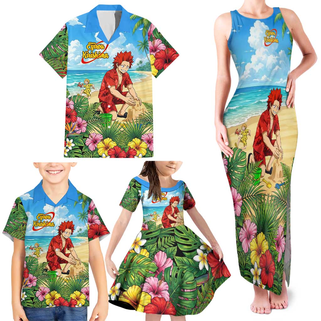Eijirou Kirishima Summer Chill Family Matching Tank Maxi Dress and Hawaiian Shirt Tropical Anime Beach Fun