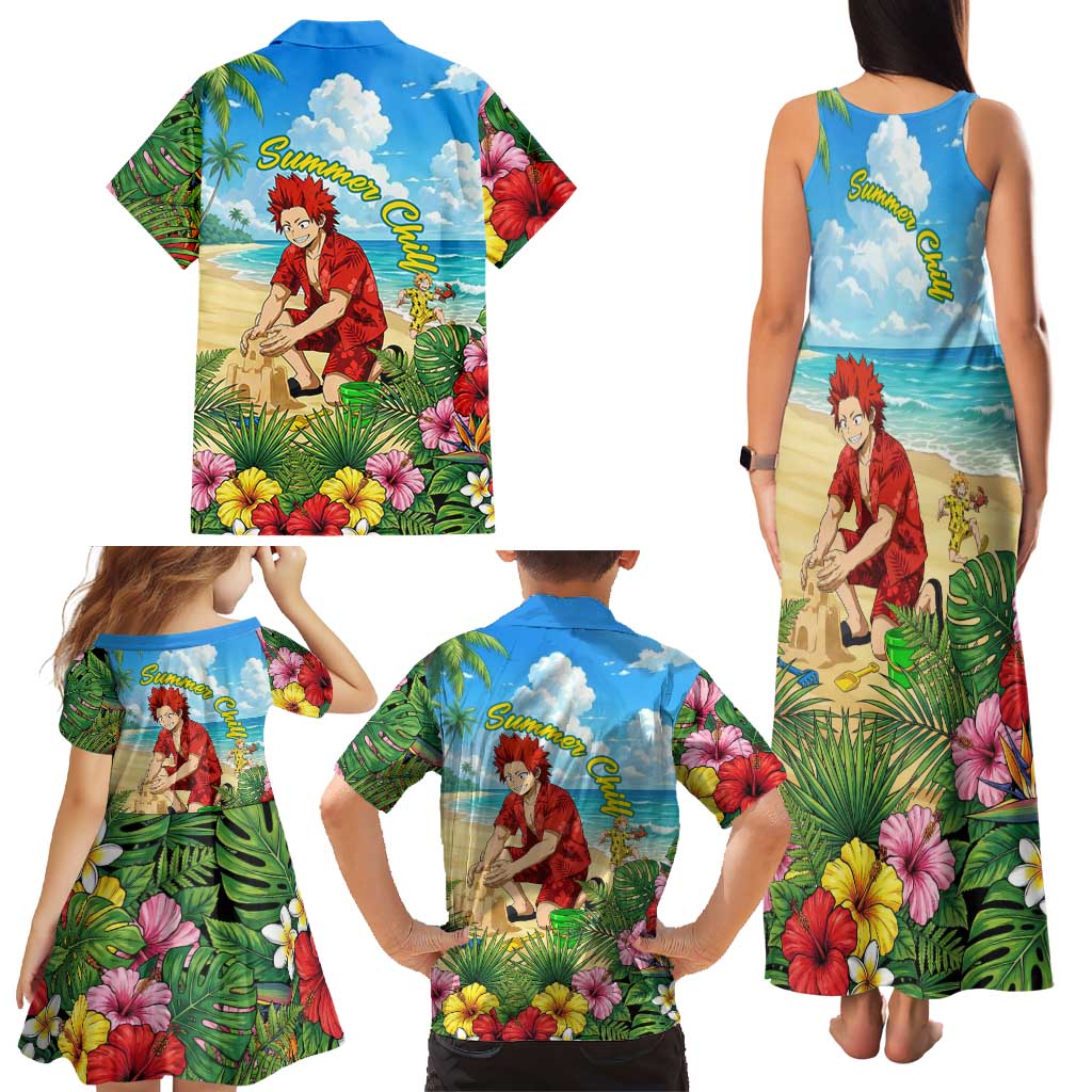 Eijirou Kirishima Summer Chill Family Matching Tank Maxi Dress and Hawaiian Shirt Tropical Anime Beach Fun