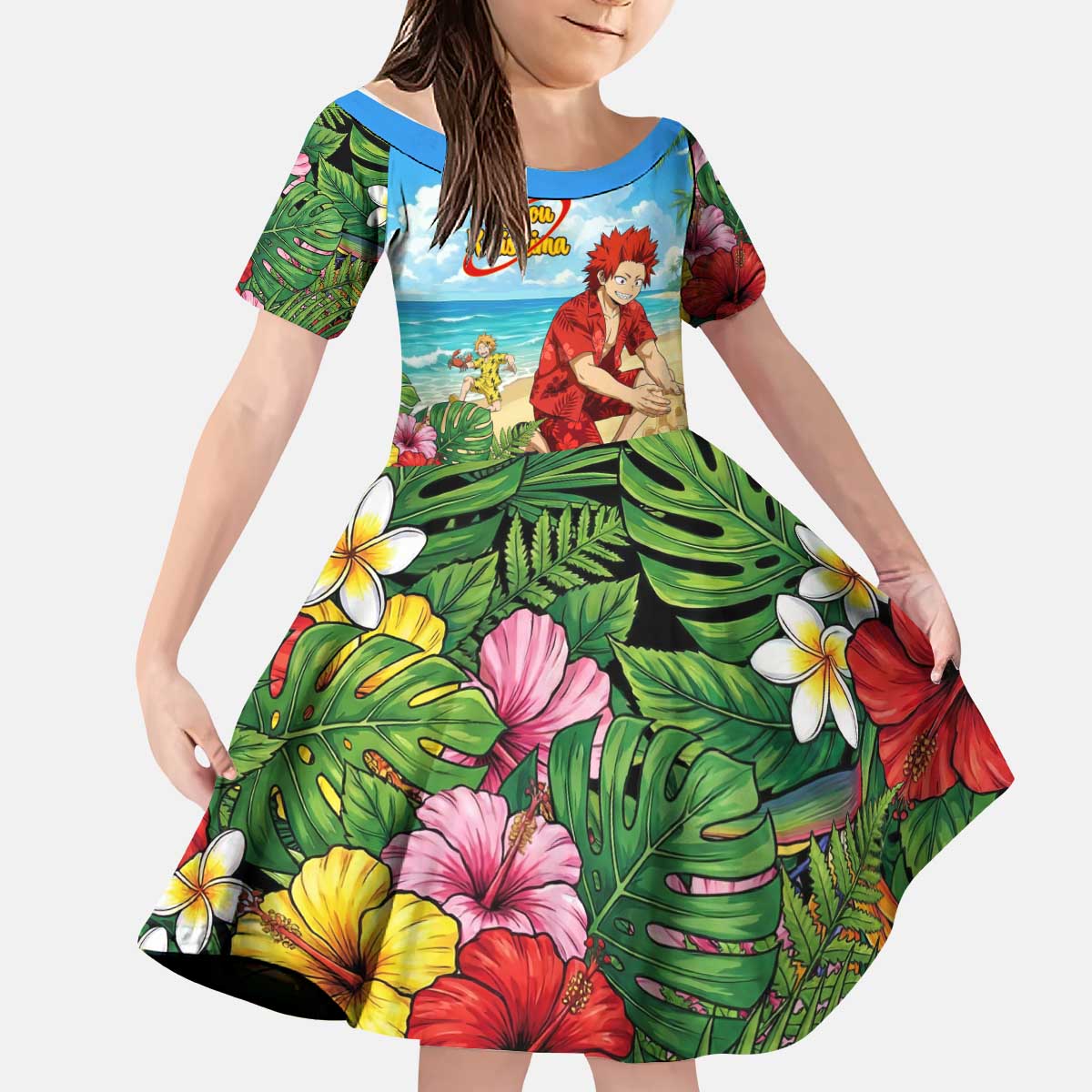 Eijirou Kirishima Summer Chill Kid Short Sleeve Dress Tropical Anime Beach Fun