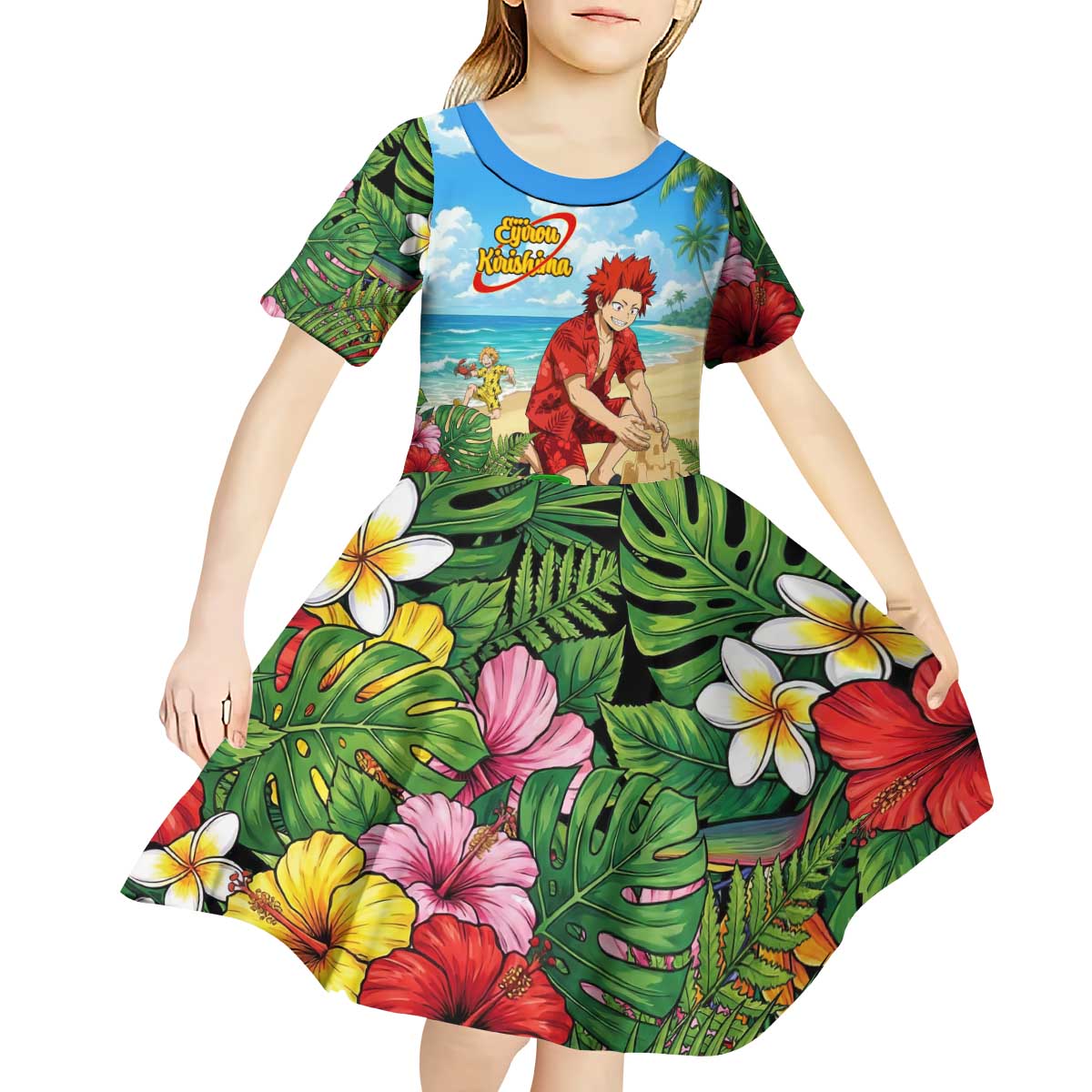 Eijirou Kirishima Summer Chill Kid Short Sleeve Dress Tropical Anime Beach Fun