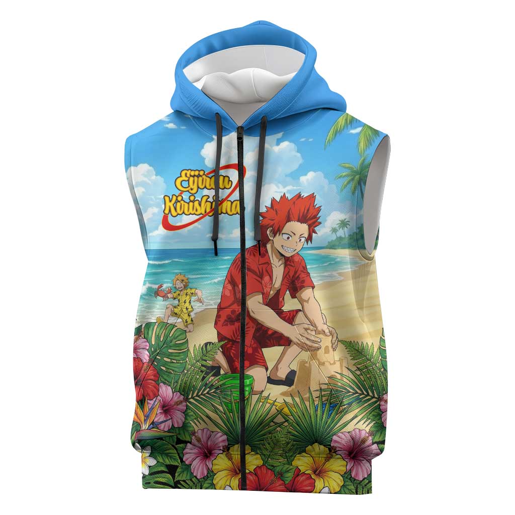 Eijirou Kirishima Summer Chill Sleeveless Zip Hoodie Tropical Anime Beach Fun