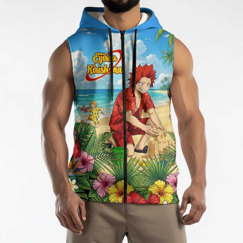 Eijirou Kirishima Summer Chill Sleeveless Zip Hoodie Tropical Anime Beach Fun