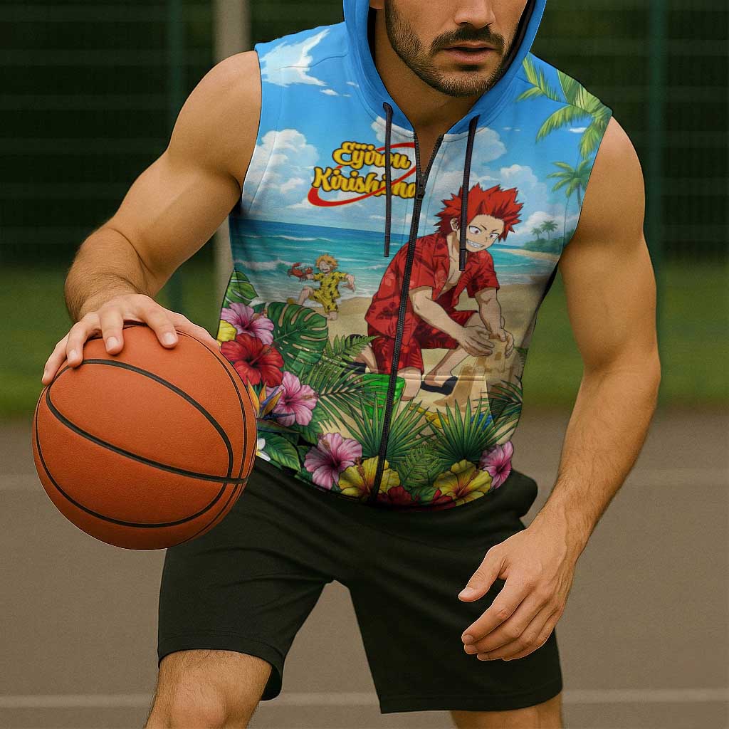 Eijirou Kirishima Summer Chill Sleeveless Zip Hoodie Tropical Anime Beach Fun