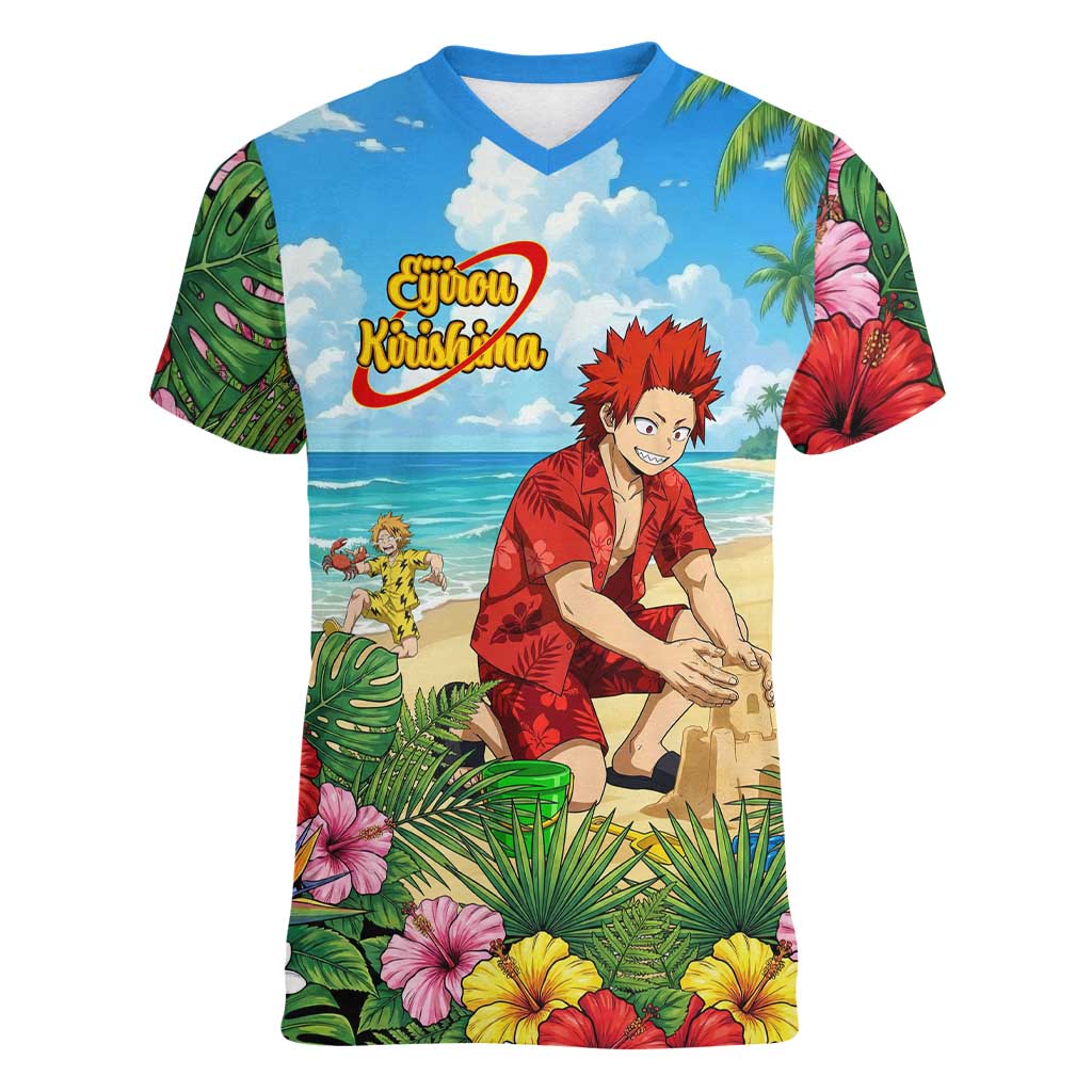 Eijirou Kirishima Summer Chill Women V-Neck T-Shirt Tropical Anime Beach Fun