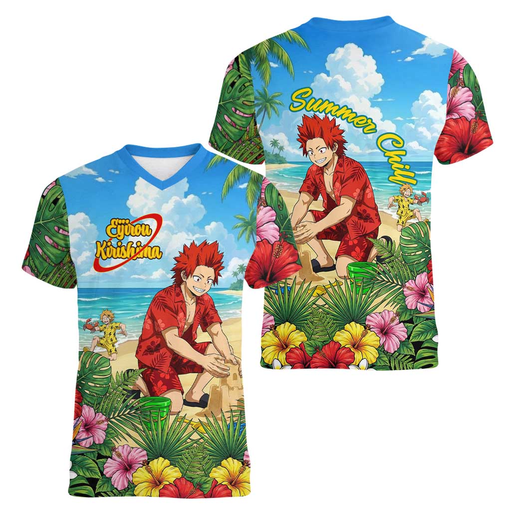 Eijirou Kirishima Summer Chill Women V-Neck T-Shirt Tropical Anime Beach Fun