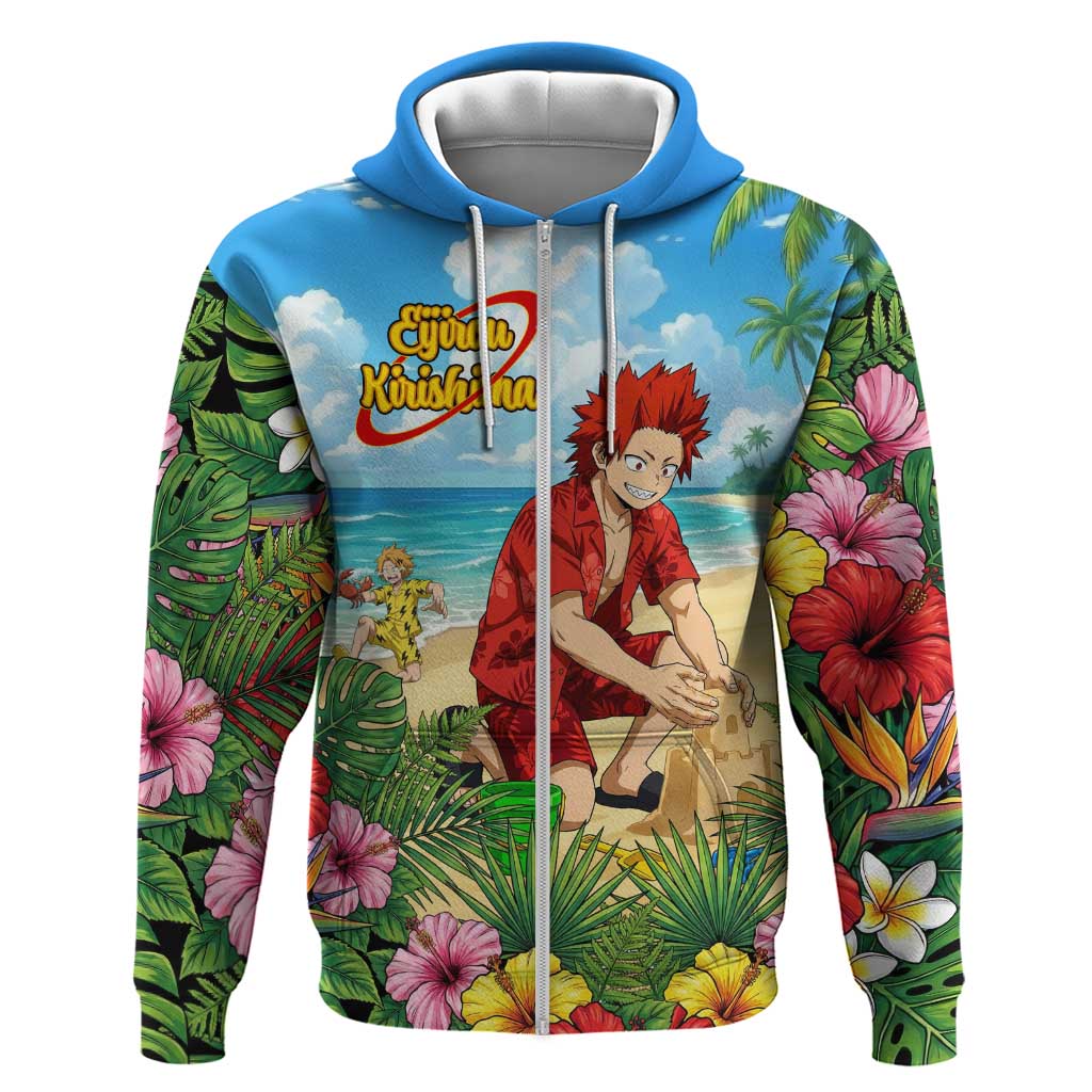 Eijirou Kirishima Summer Chill Zip Hoodie Tropical Anime Beach Fun