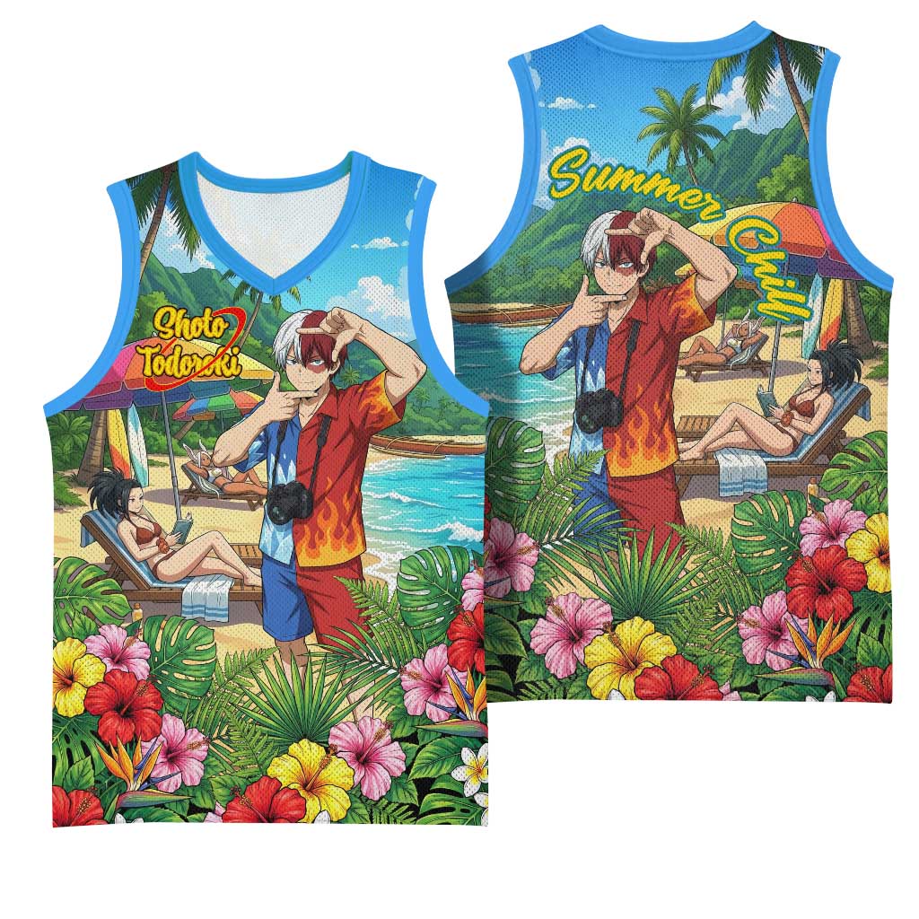 Shoto Todoroki Summer Chill Basketball Jersey Tropical Anime Leisure Scene