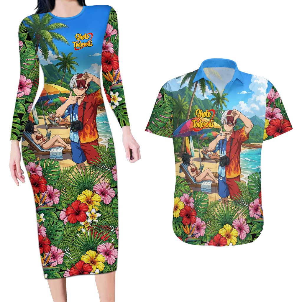 Shoto Todoroki Summer Chill Couples Matching Long Sleeve Bodycon Dress and Hawaiian Shirt Tropical Anime Leisure Scene