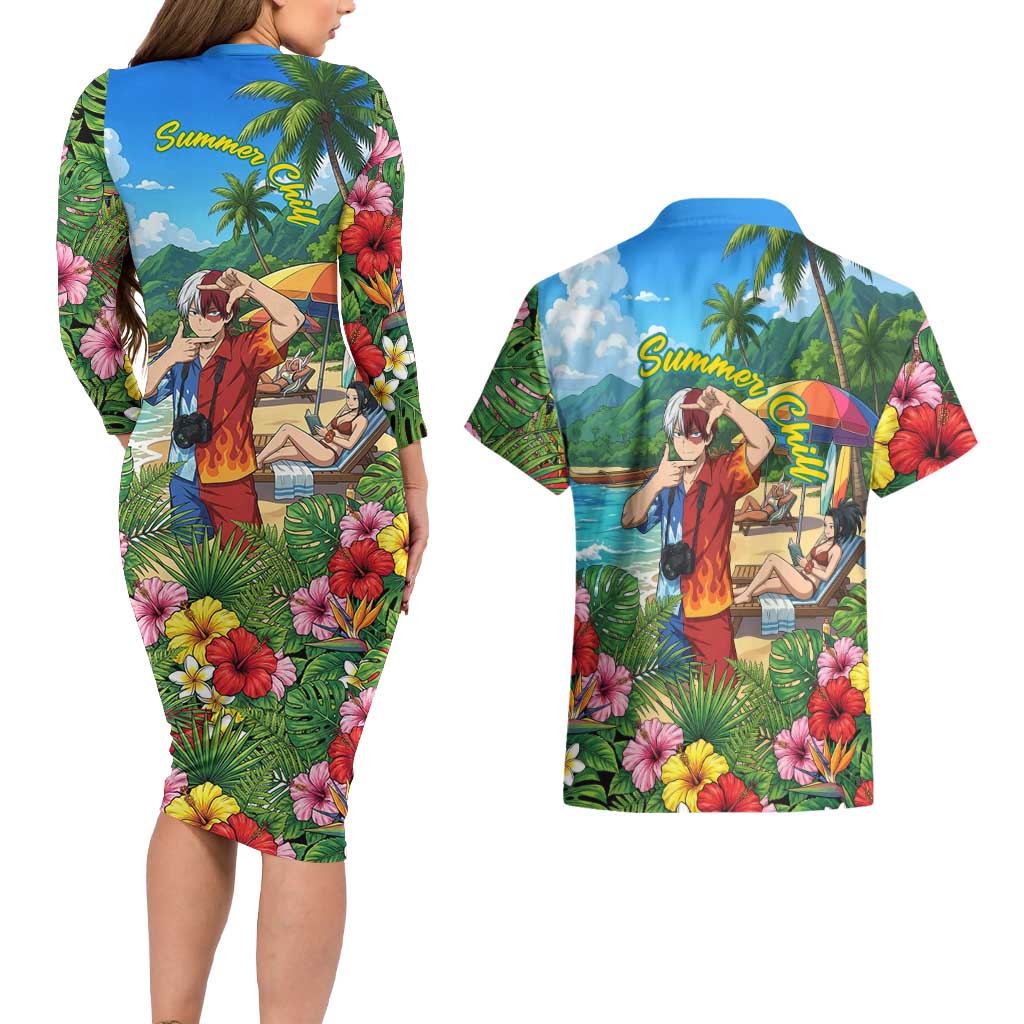 Shoto Todoroki Summer Chill Couples Matching Long Sleeve Bodycon Dress and Hawaiian Shirt Tropical Anime Leisure Scene