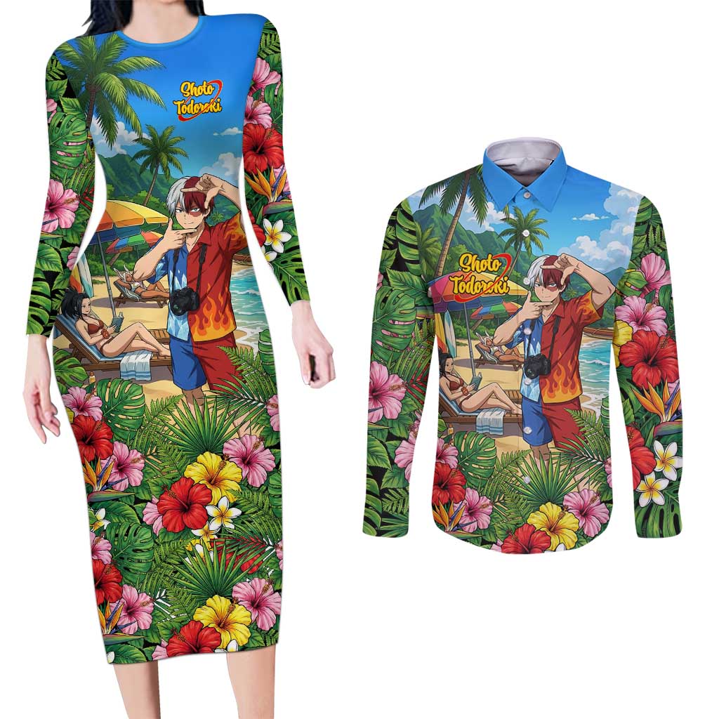 Shoto Todoroki Summer Chill Couples Matching Long Sleeve Bodycon Dress and Long Sleeve Button Shirt Tropical Anime Leisure Scene