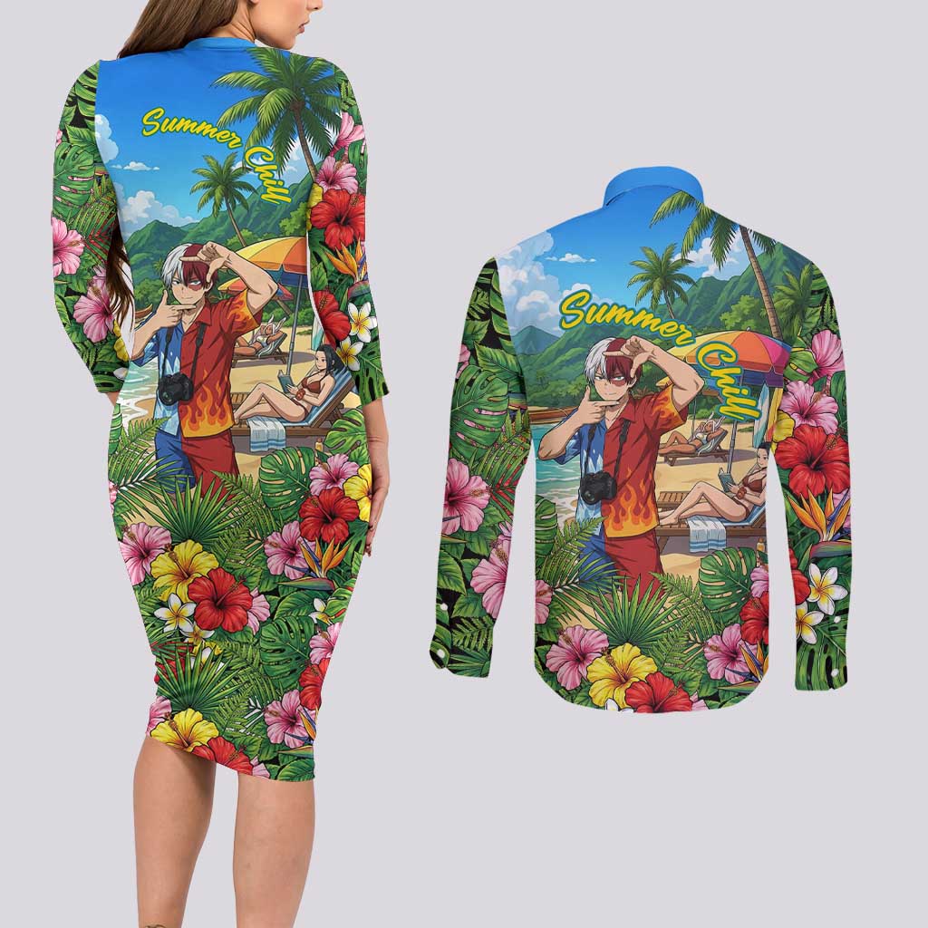 Shoto Todoroki Summer Chill Couples Matching Long Sleeve Bodycon Dress and Long Sleeve Button Shirt Tropical Anime Leisure Scene
