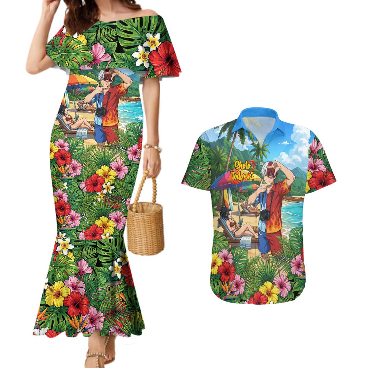 Shoto Todoroki Summer Chill Couples Matching Mermaid Dress and Hawaiian Shirt Tropical Anime Leisure Scene