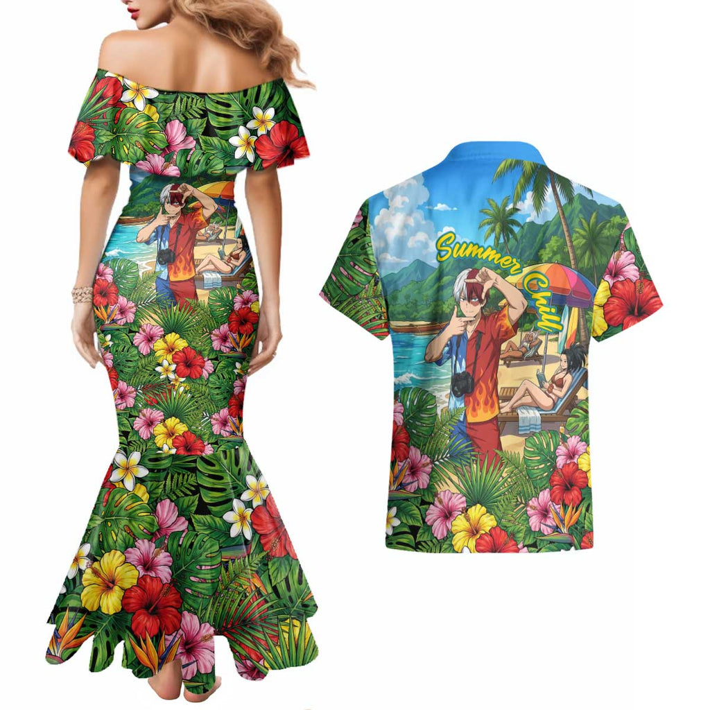 Shoto Todoroki Summer Chill Couples Matching Mermaid Dress and Hawaiian Shirt Tropical Anime Leisure Scene
