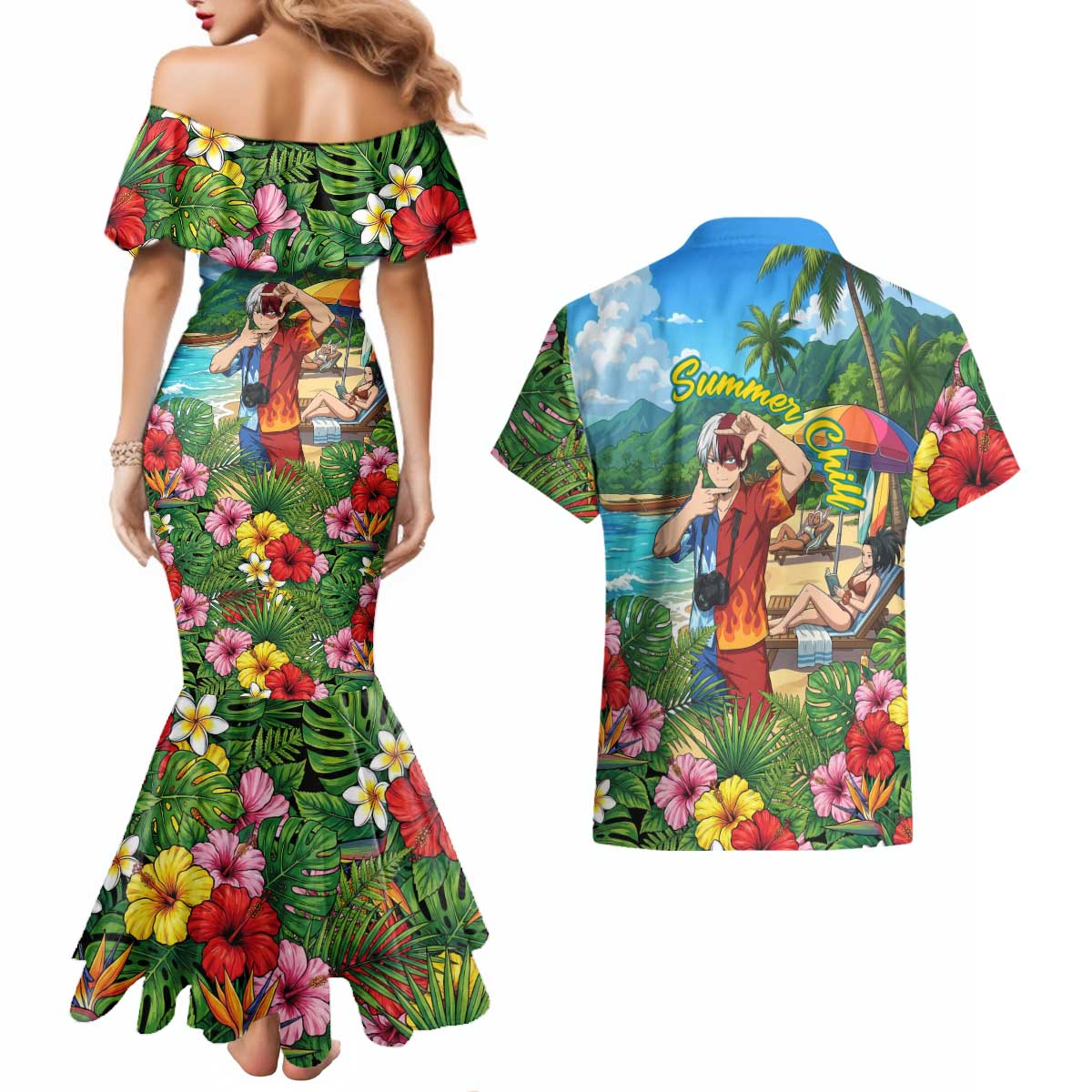 Shoto Todoroki Summer Chill Couples Matching Mermaid Dress and Hawaiian Shirt Tropical Anime Leisure Scene