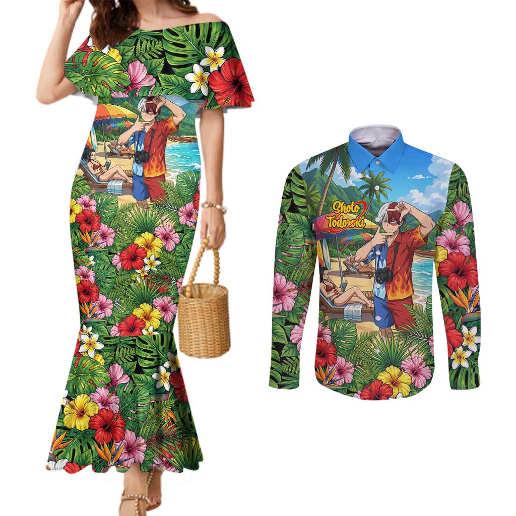 Shoto Todoroki Summer Chill Couples Matching Mermaid Dress and Long Sleeve Button Shirt Tropical Anime Leisure Scene