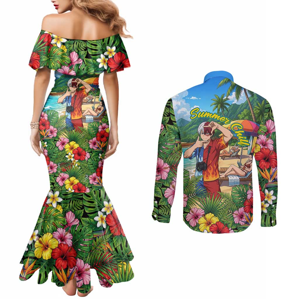 Shoto Todoroki Summer Chill Couples Matching Mermaid Dress and Long Sleeve Button Shirt Tropical Anime Leisure Scene