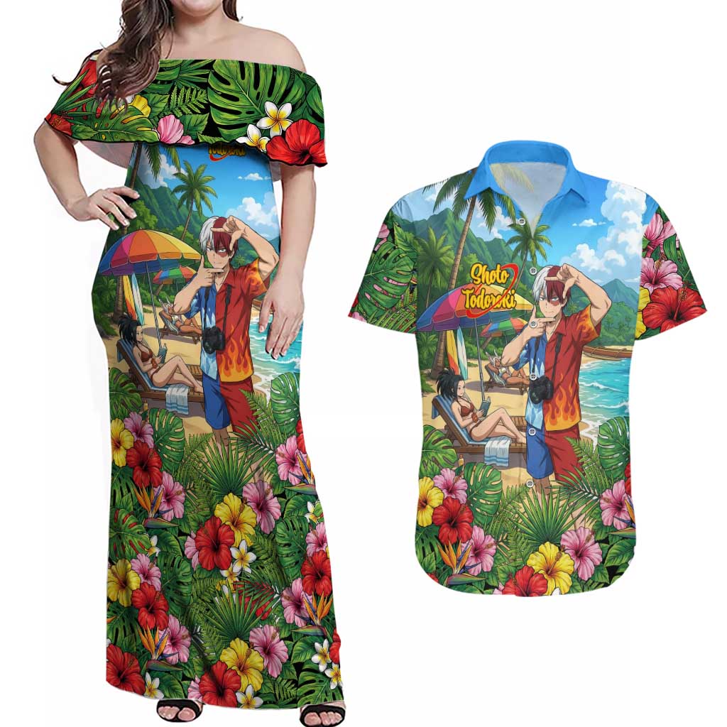 Shoto Todoroki Summer Chill Couples Matching Off Shoulder Maxi Dress and Hawaiian Shirt Tropical Anime Leisure Scene