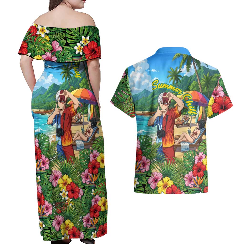 Shoto Todoroki Summer Chill Couples Matching Off Shoulder Maxi Dress and Hawaiian Shirt Tropical Anime Leisure Scene