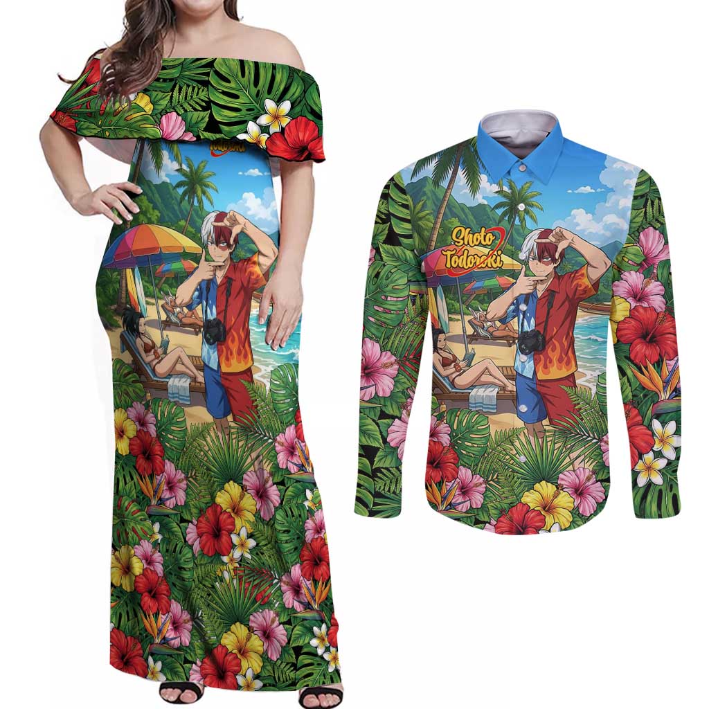 Shoto Todoroki Summer Chill Couples Matching Off Shoulder Maxi Dress and Long Sleeve Button Shirt Tropical Anime Leisure Scene