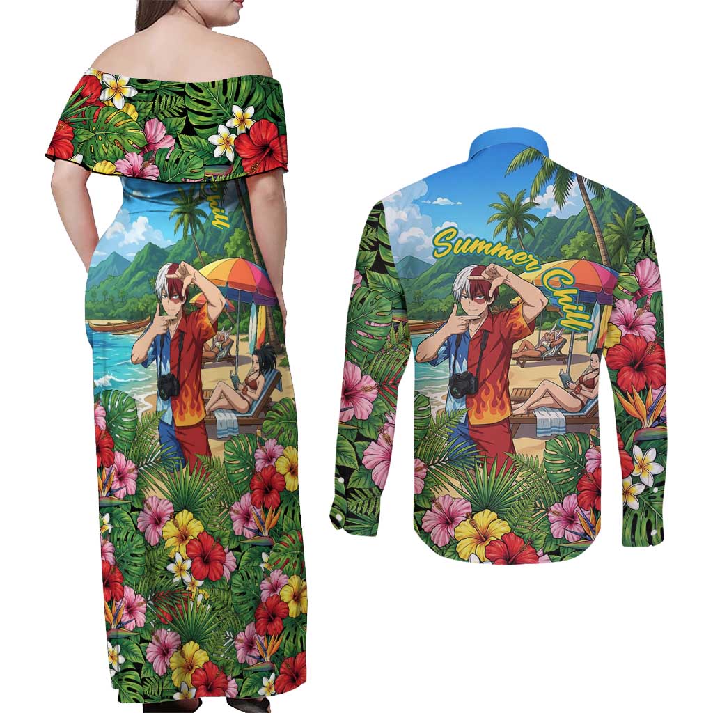 Shoto Todoroki Summer Chill Couples Matching Off Shoulder Maxi Dress and Long Sleeve Button Shirt Tropical Anime Leisure Scene